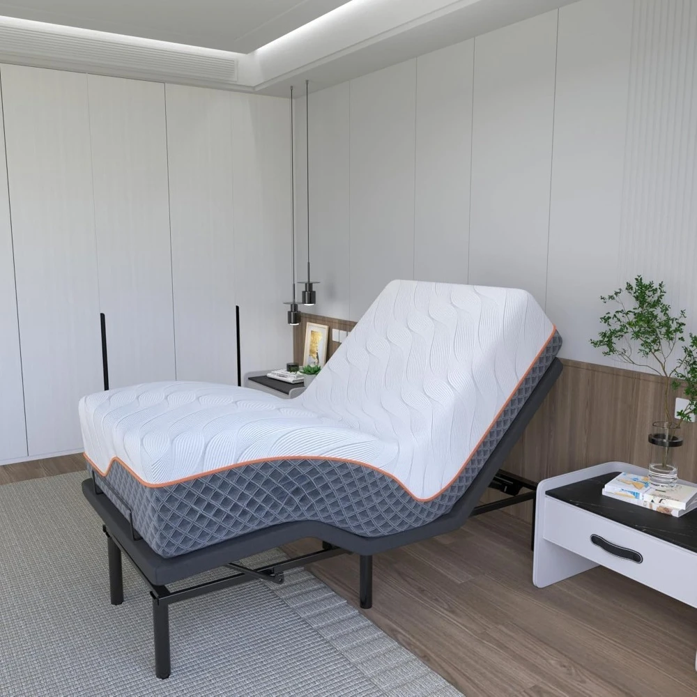 

Adjustable Bed Frame + 14" Hybrid Mattress Twin XL - Luxury Gel Memory Foam, Head and Foot Incline, Bed Frames with Massage