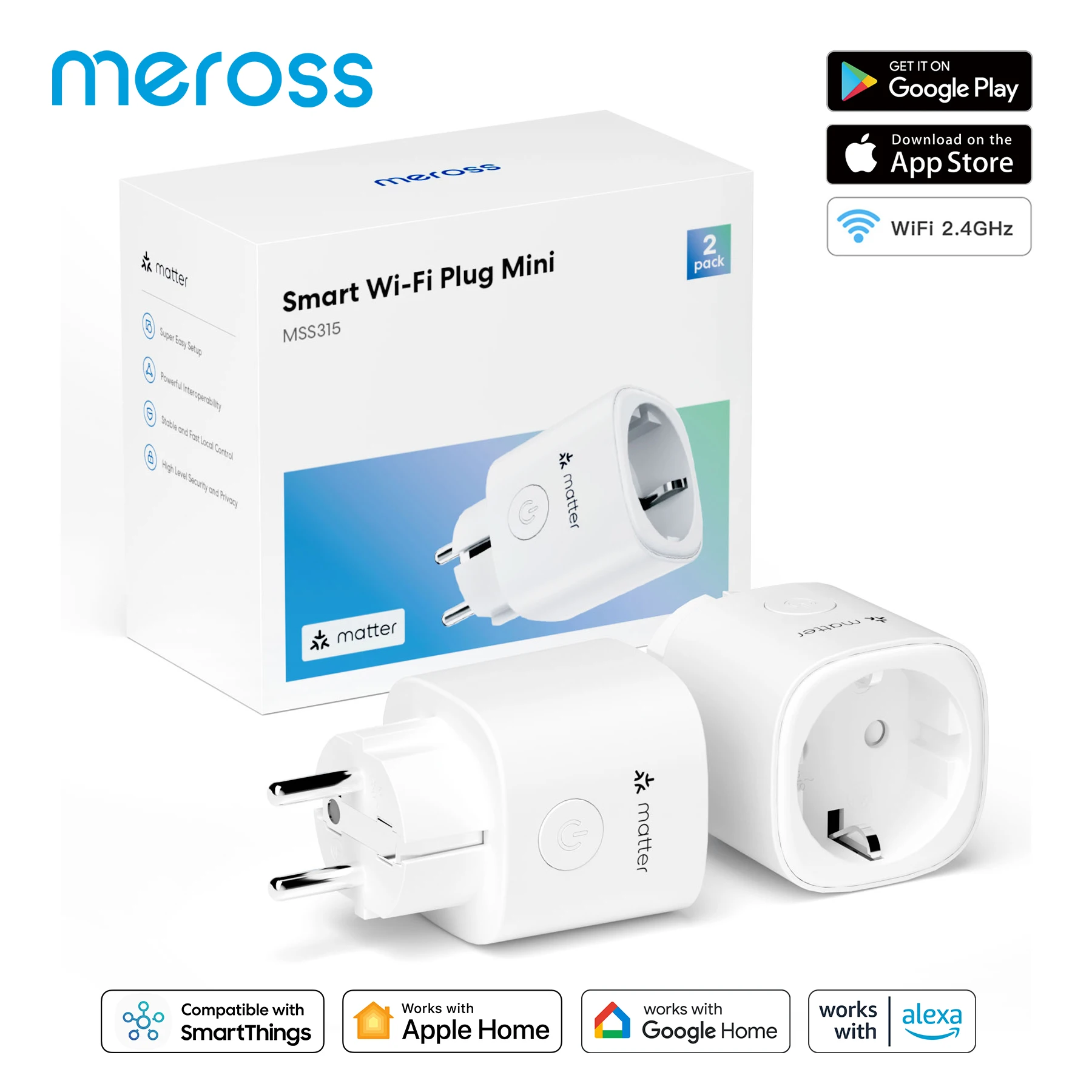 Meross 2 Pack 16A Matter Smart WiFi EU/UK Plug with Energy Monitor Timer Function Support Apple Homekit Google Alexa Smartthings