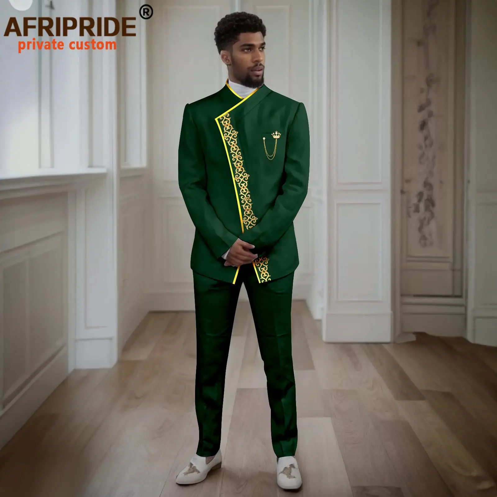 Men`s Suits Slim Fit Embroidery Blazer and Pants 2 Piece Set Formal Suit Dashiki Outfits with Brooch African Clothes 2416053