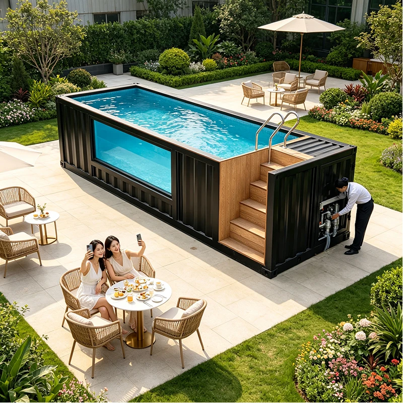 40FT Modern Shipping Container Swimming Pool Above Ground Steel Pool with Acrylic Viewing Panel and Filter Pump