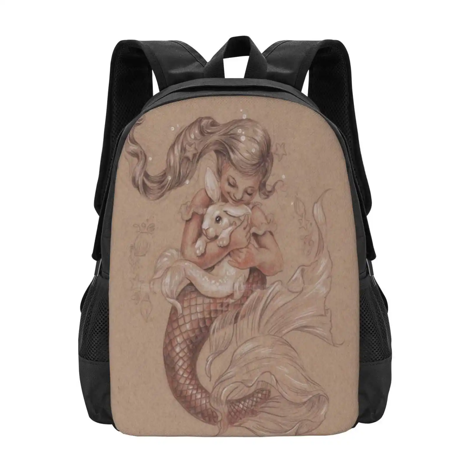 Mermaid With Her Pet Merbunny Pattern Design Laptop Travel School Bags Mergirl Merbunny Rabbit Pet Hug Snuggle Justteejay