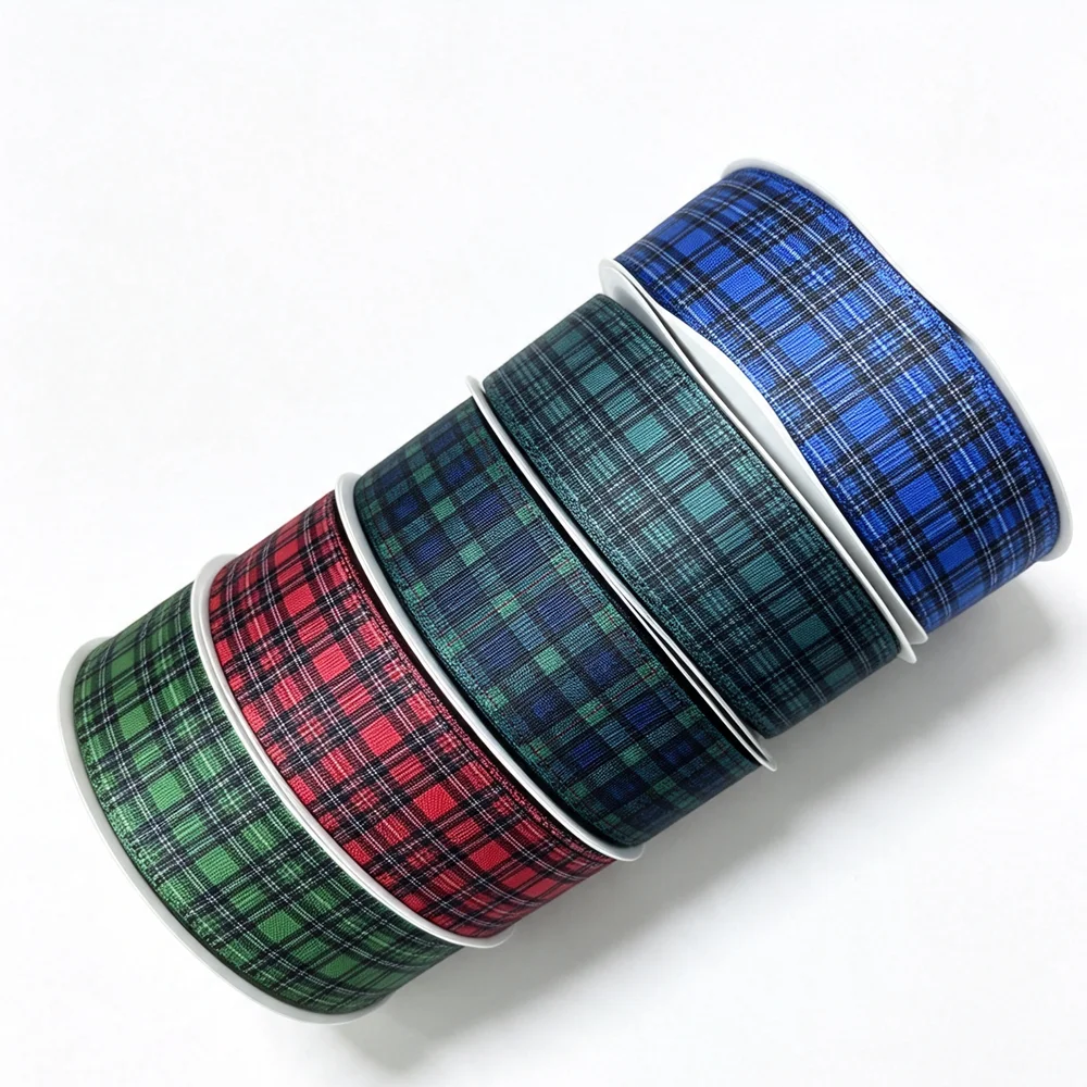 (50yards) Tartan Plaid Printed Grosgrain Ribbon Scottish Check Ribbons DIY Hair Bows Gift Wrapping Holiday Handcraft Decor