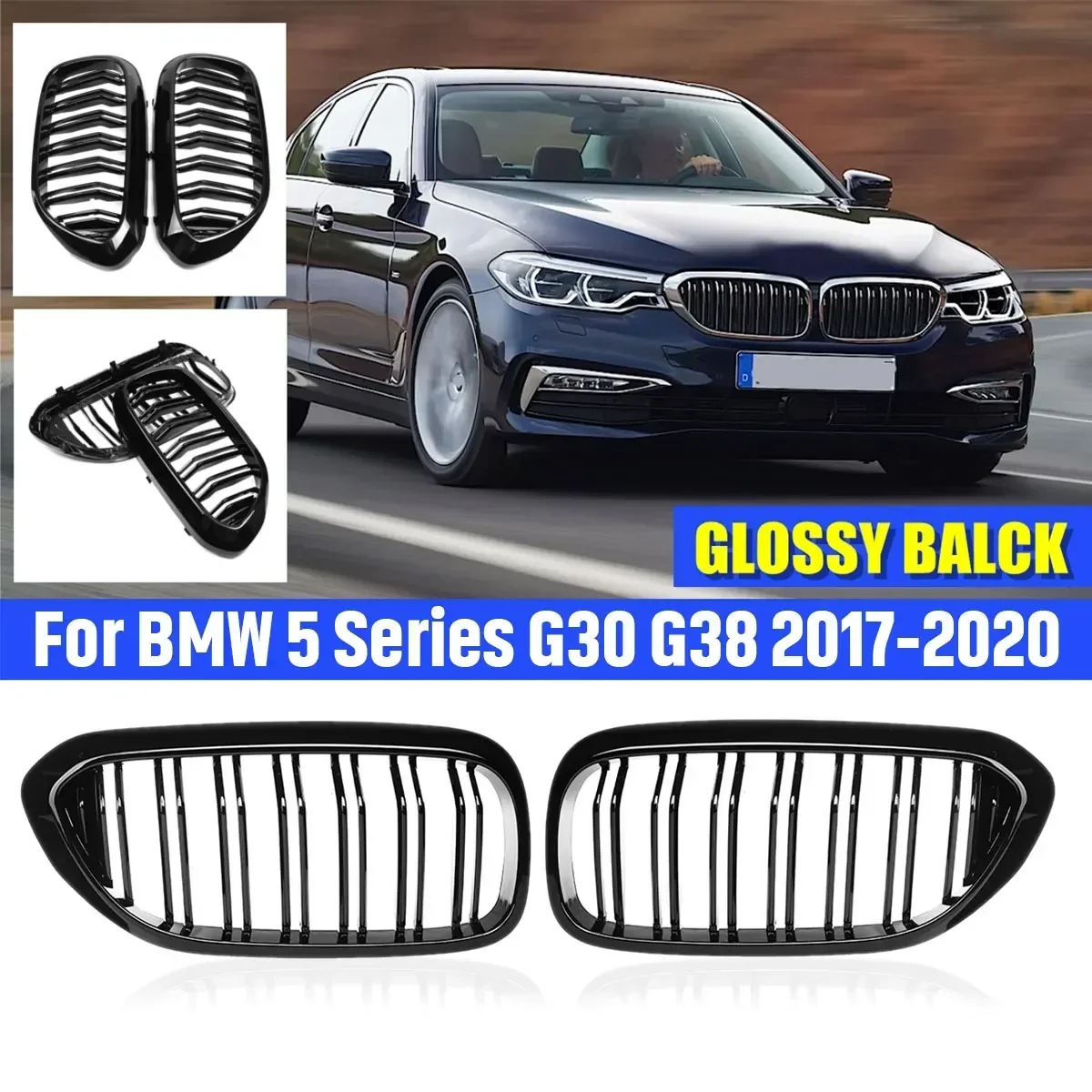 Pair Front Bumper Kidney Grille Grill Diamond Meteor Style For BMW 5 Series G30 G38 5-Series 2017-2020 Racing Grills Body Kit