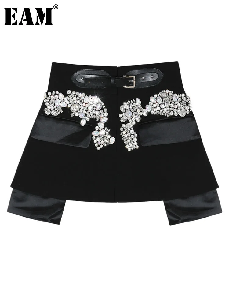 [EAM] High Waist  Black Beading Blingbling Rhinestones Mini Half-body Skirt Women Fashion Tide New Spring Autumn 2024 JY75801