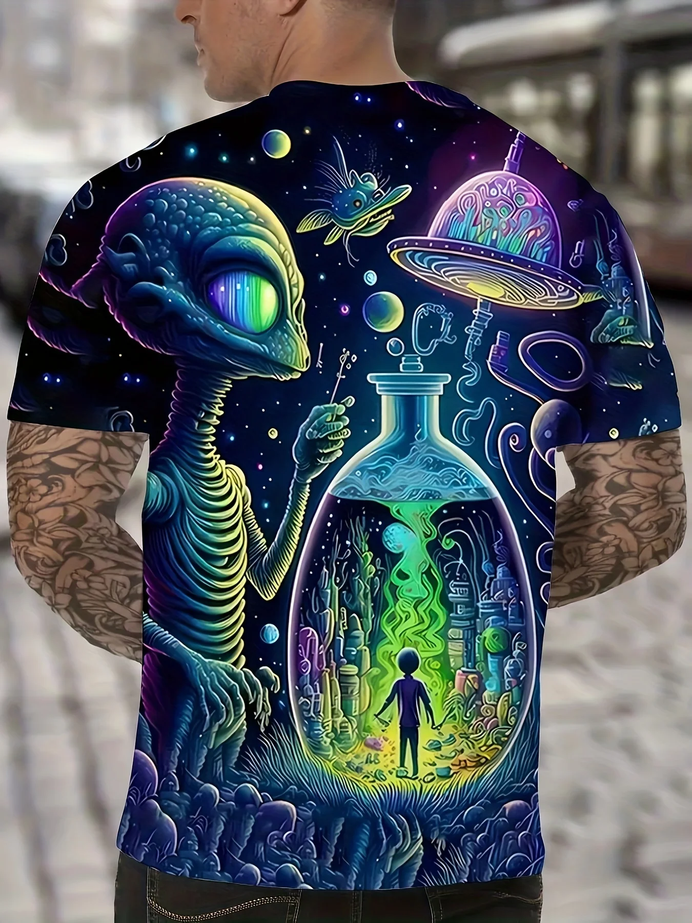 Mens Psychedelic Alien Graphic Tee, Colorful Space UFO Magic Potion Bottle Print Short Sleeve Casual T-Shirt