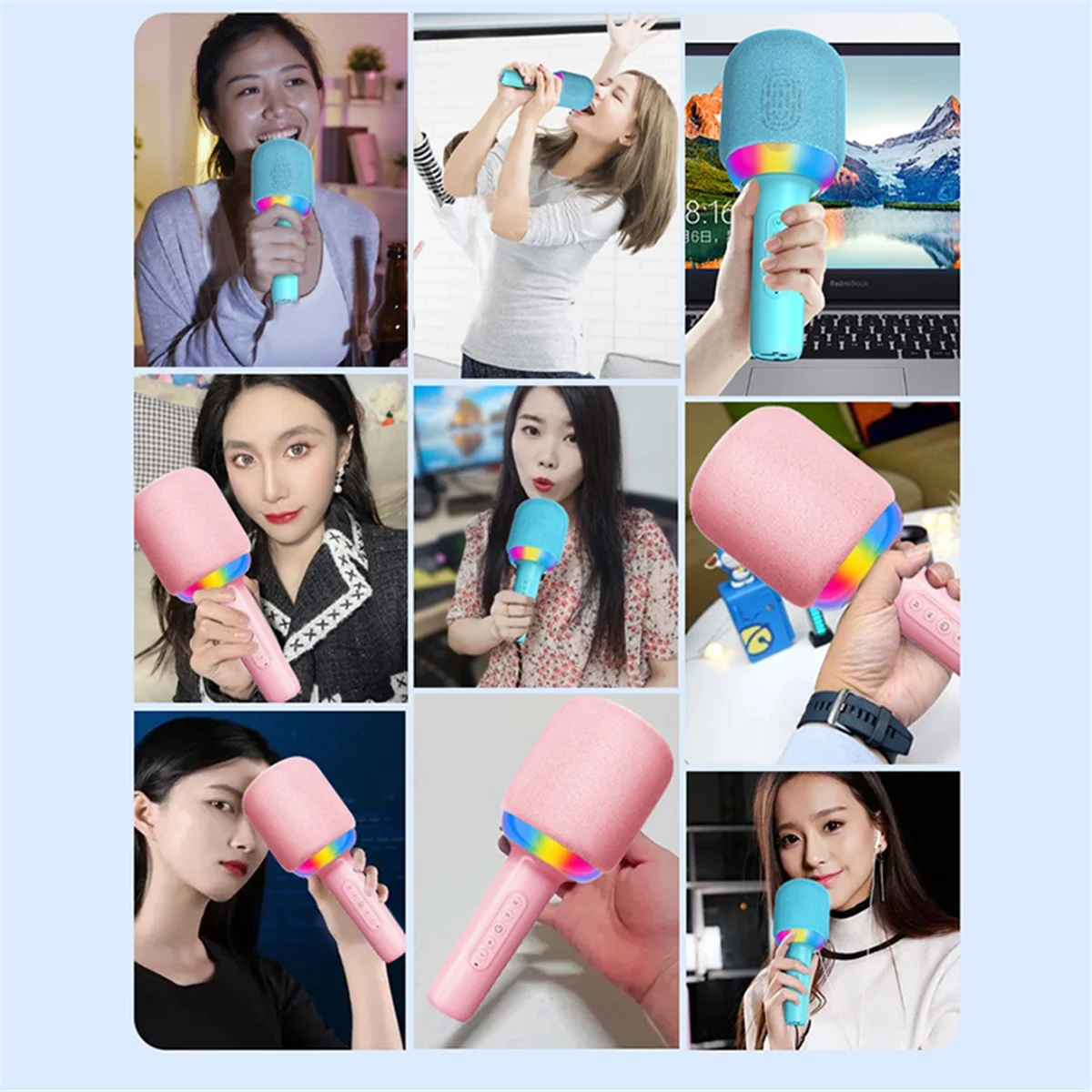 

ABNG Portable Handheld Mic Built-in Speaker Noise Reduction LED Lights Wireless BT Microphone for Kids A