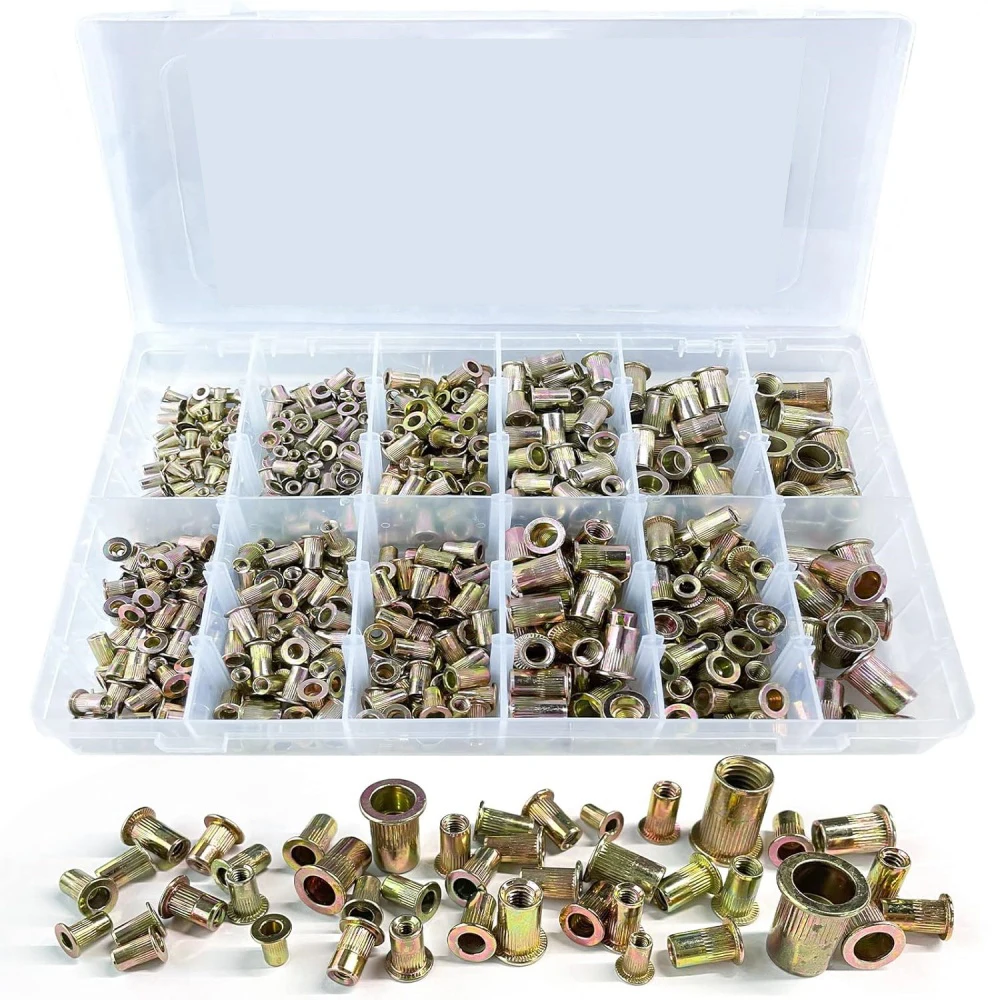 Rivet Nut Tool Kit,520pcs SAE & Metric Rivet Nut w Galvanized Carbon Steel Flat Head Threaded Insert Nuts 6-32 - 3/8