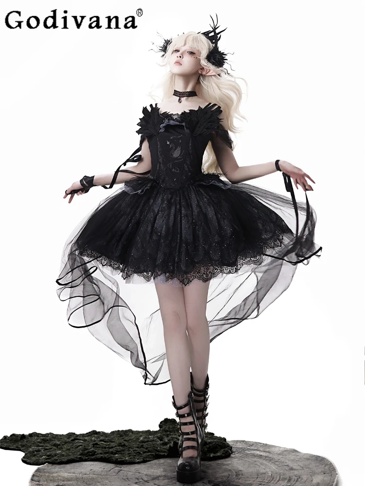 

Lolita Dark Goth Daily Short Sleeves Spring Summer Elegant Slash Neck Dress Personalized Girl A-line Party Anime Show Dresses