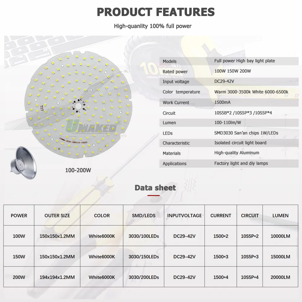 5pc LED High Bay Light Plate 100W 150W 200W 100% Full Power DC29-42V SMD3030 Doide Source Panel For Industrial Lamps Replace DIY