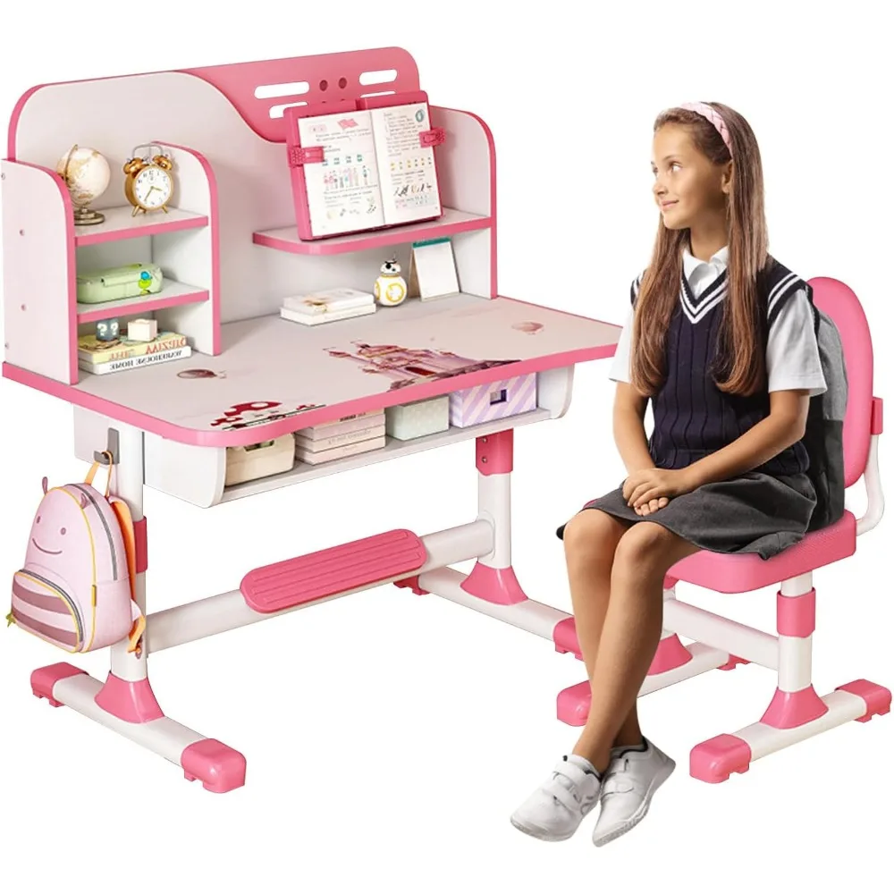 

Kids Study Table and Chair Set, Adjustable Art Desk Girls Desk for Bedroom, Study Table with Large Writing Board Bookshelf and D