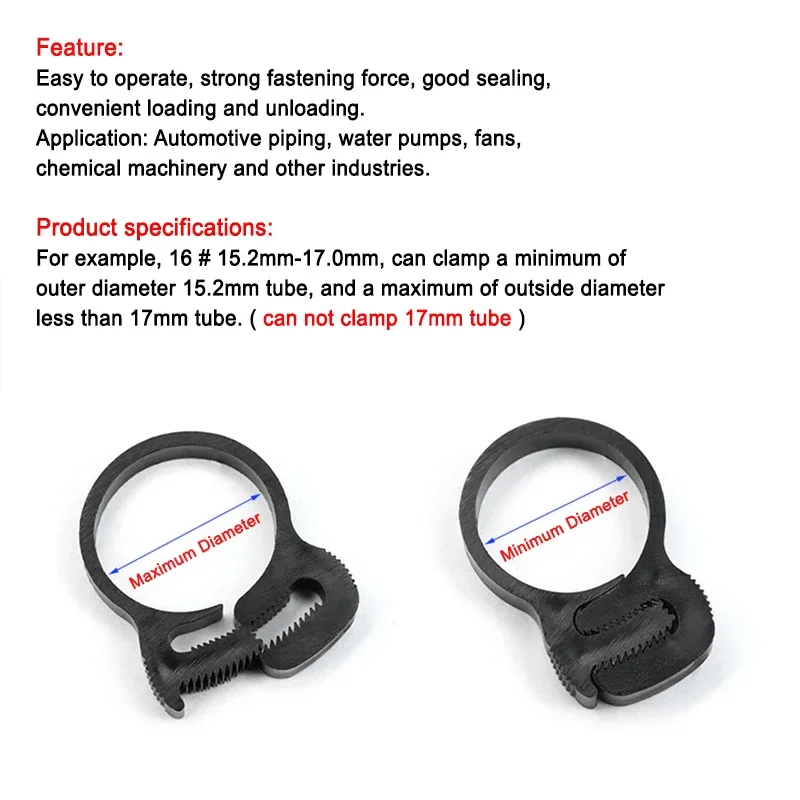 10Pcs Adjustable Plastic Hose Clamp Ratchet Type Pipe Clip Water Fuel Air Tube Hose Fitting Tightening buckle 3.8-80mm
