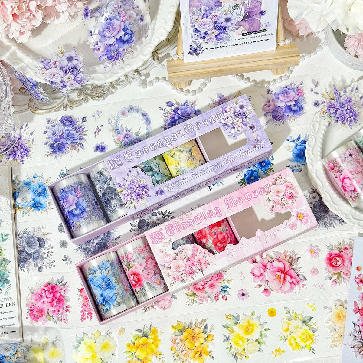 4 Rolls/Box, Plant Flower Pattern PET Sticker Tape, DIY Manual, Gift Box and Photo Frame Decoration, Fashionable Exquisite Gift