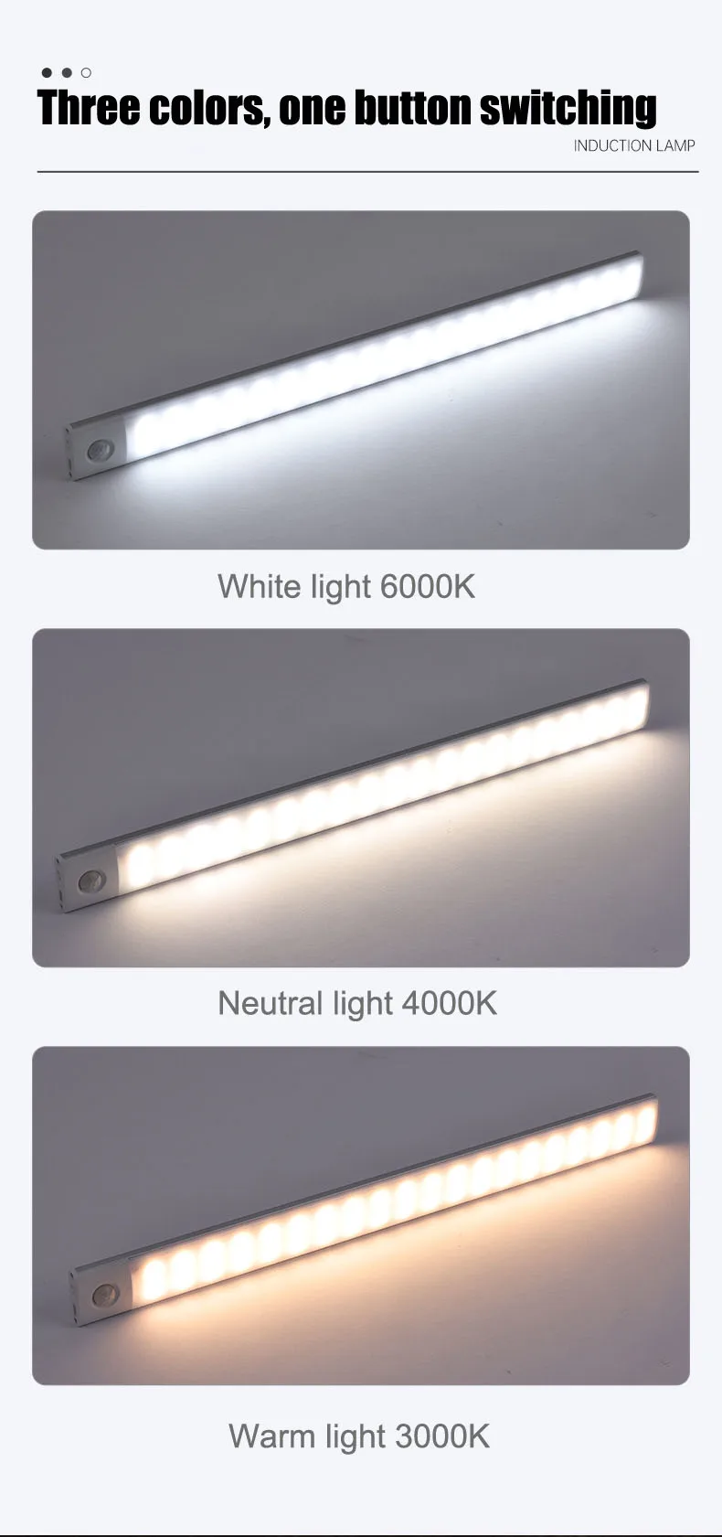 Night Light Motion Sensor Led USB Rechargeable Motion Detector Cabinet Lights 3 Colors In One Lamp Bedroom Kitchen Decor