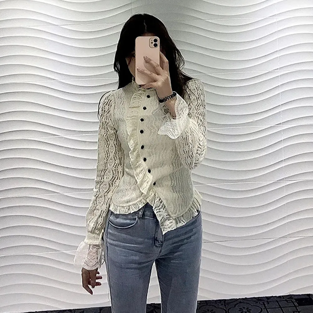 White Ruffle Women Shirts V-neck Long Sleeve Lace Tunic Blouses 2023 Blusas Mujer De Moda Sweet Korean Retro Elegant Blouse Tops