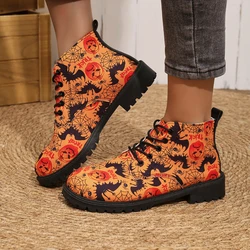 Skull Head Printed Short Boots Women's 2024 Autumn Winter New Halloween Personalized Trend  Printed Work Boots Casual Shoes