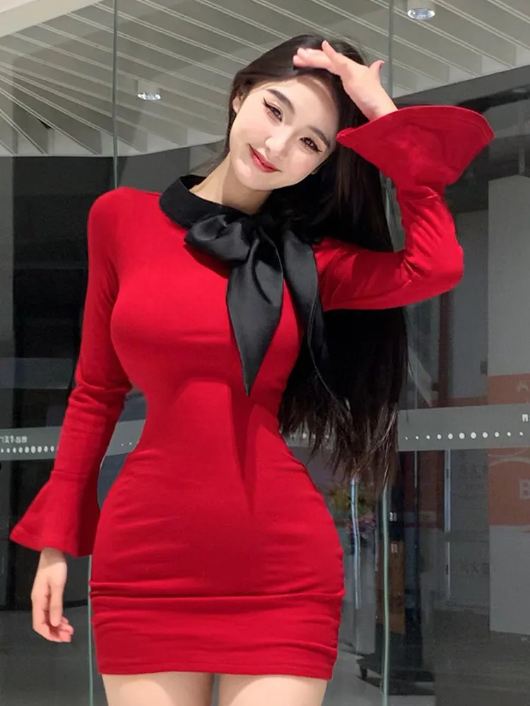 Long Flare Sleeve Bow Neck Slim Pencil Dress for Women 2024 New Spring Fashion Black Blue Red Mini Dress Short Bottoming Skirt