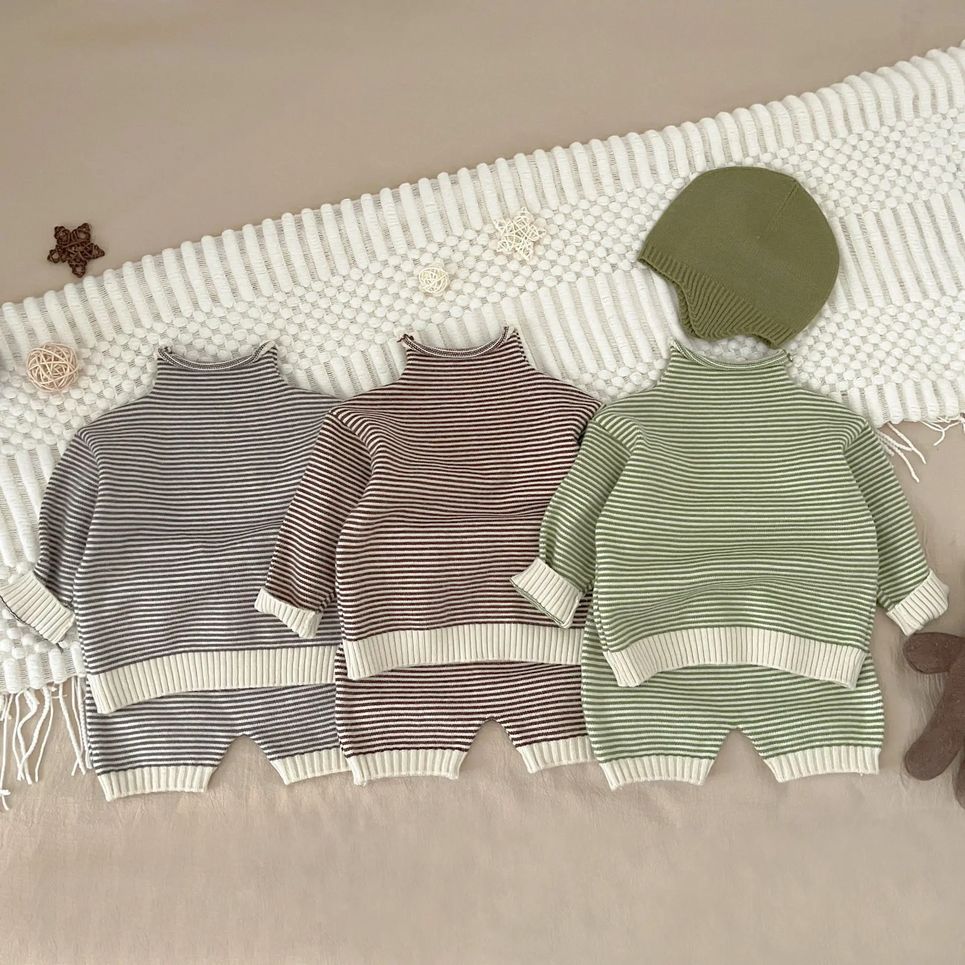 2023 Autumn Knit Baby's Sets Fashion Striped Children's Sweater Shorts Set For Boys Girls Newborn Baby Clothes Set 0-24Months