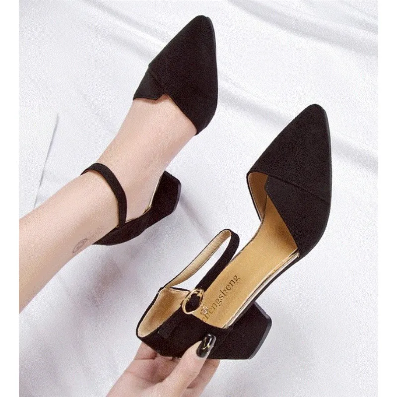 

New Women Black Leather Buckle Strap High Heel Shoes Lady Cool Comfort European Stylish Heel Shoes Dress Work Shoes