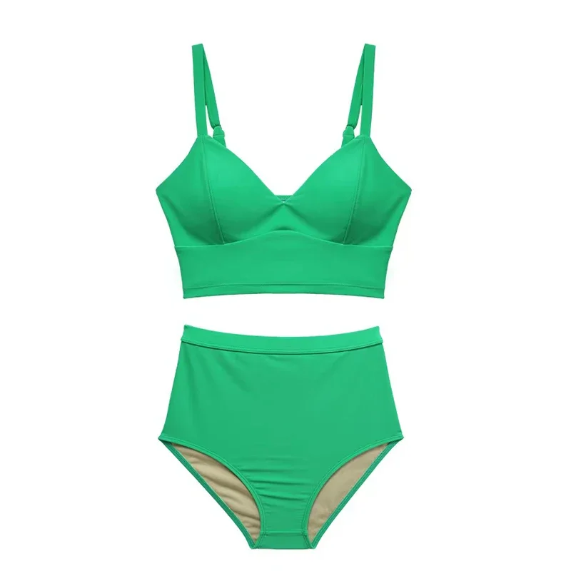 Green Women\'s Swimwear Sexy High Waist Bikini Set Beachwear Two Piece Bathing Suit Korean Summer Swimsuit Fashion Solid 2024