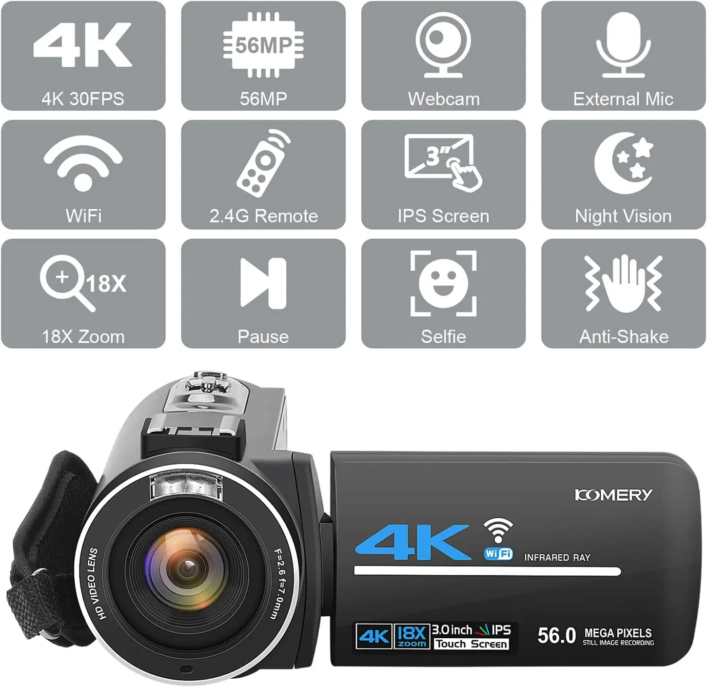 KOMERY Camcorders Video Camera 4K 56MP UHD for YouTube Live Stream Night Vision Web Camcorder 18X Zoom Wifi Digital Video Camera