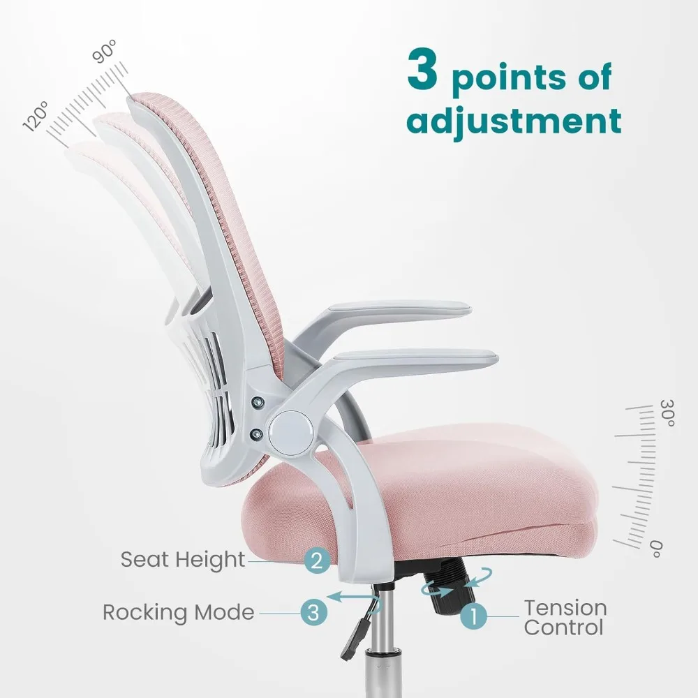كرسي مكتب شبكي مريح مع دعم قطني، وأذرع قابلة للطي، وعجلات دوارة لطلاب دراسة الألعاب المنزلية باللون الوردي