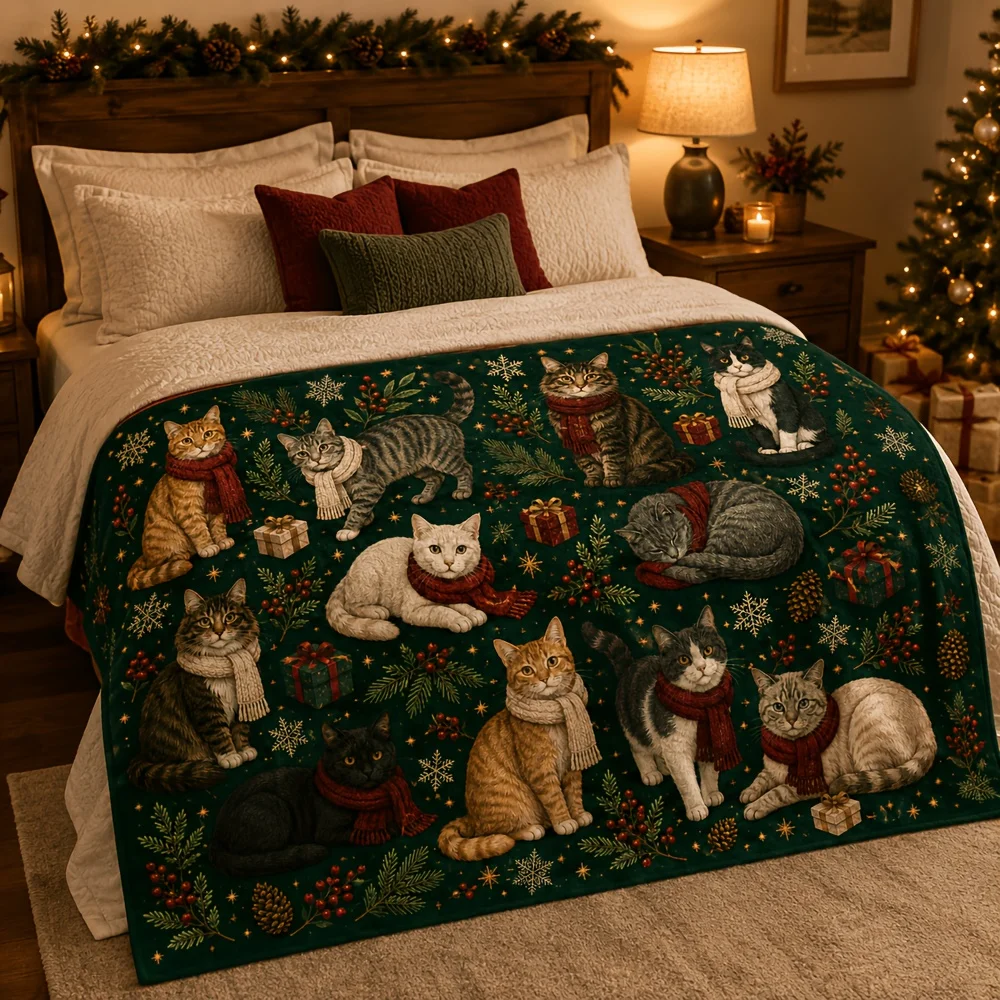 Christmas Cat Flannel Throw Blanket Scarf Pine Berry Snowflake Gift Box Design Sofa Bed Couch Bedroom Living Room Holiday Home Decor Christmas Gift Office Travel Nap Blanket Winter Bedding Seasonal Room Accent Holiday Decoration Cat Theme Blanket