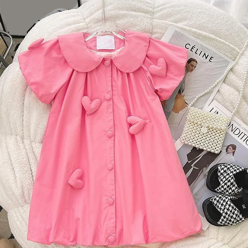 

Teenager Girl Dress Summer New Sweet Girl Peter Pan Neck 3D Love Decorate Short Sleeve Bubble Sleeve Kids Dress