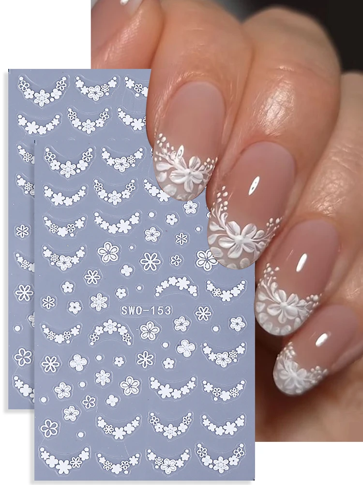 2 stuks witte kleine bloem nagelstickers holle Franse bloemblaadjes bloemen getextureerde zelfklevende stickers elegante bruiloft manicure decor - afbeelding 2