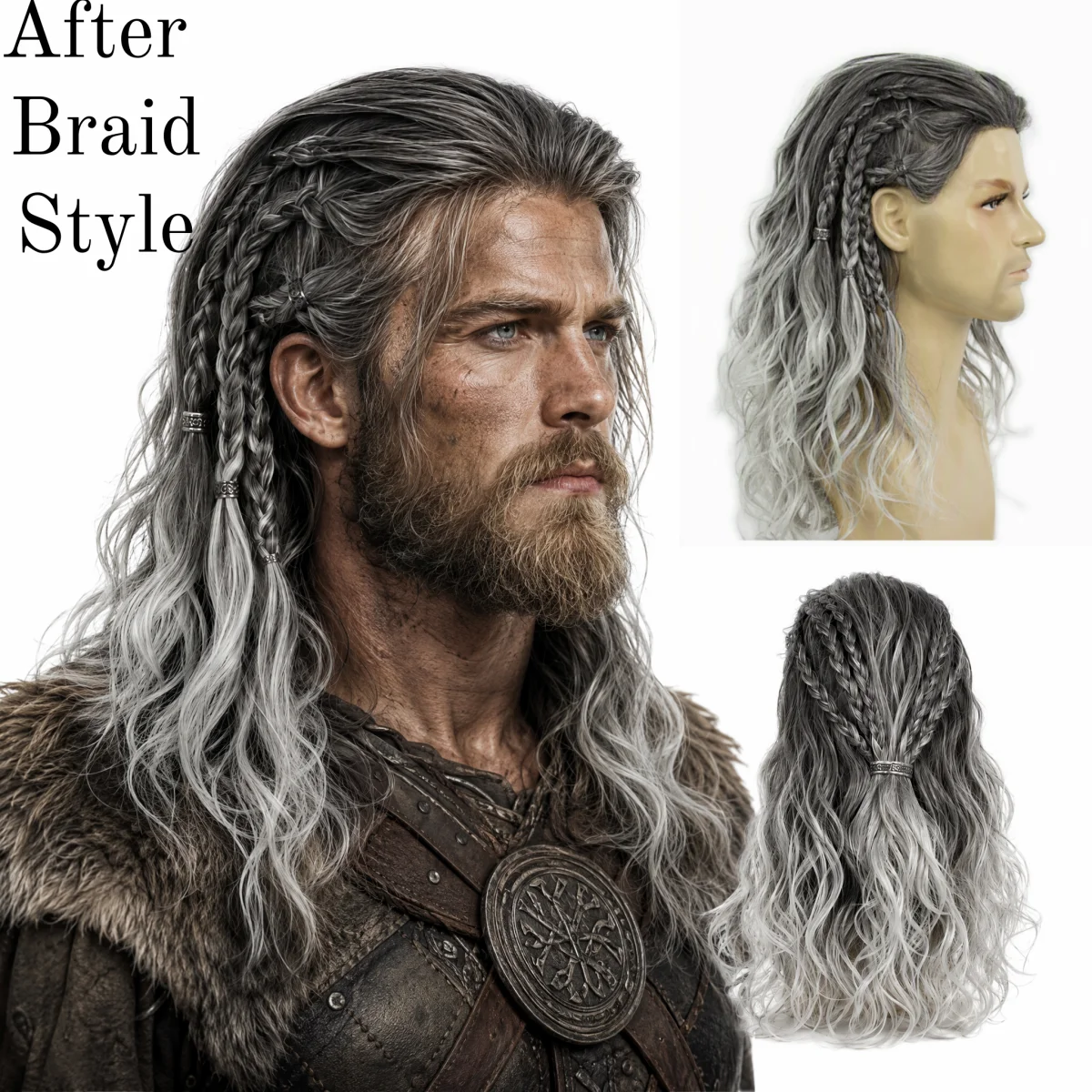 REEWES Viking Wig Men Long Curly Silver Grey Ombre Wig Norse Warrior Medieval Barbarian Cosplay Synthetic Wig Halloween Party