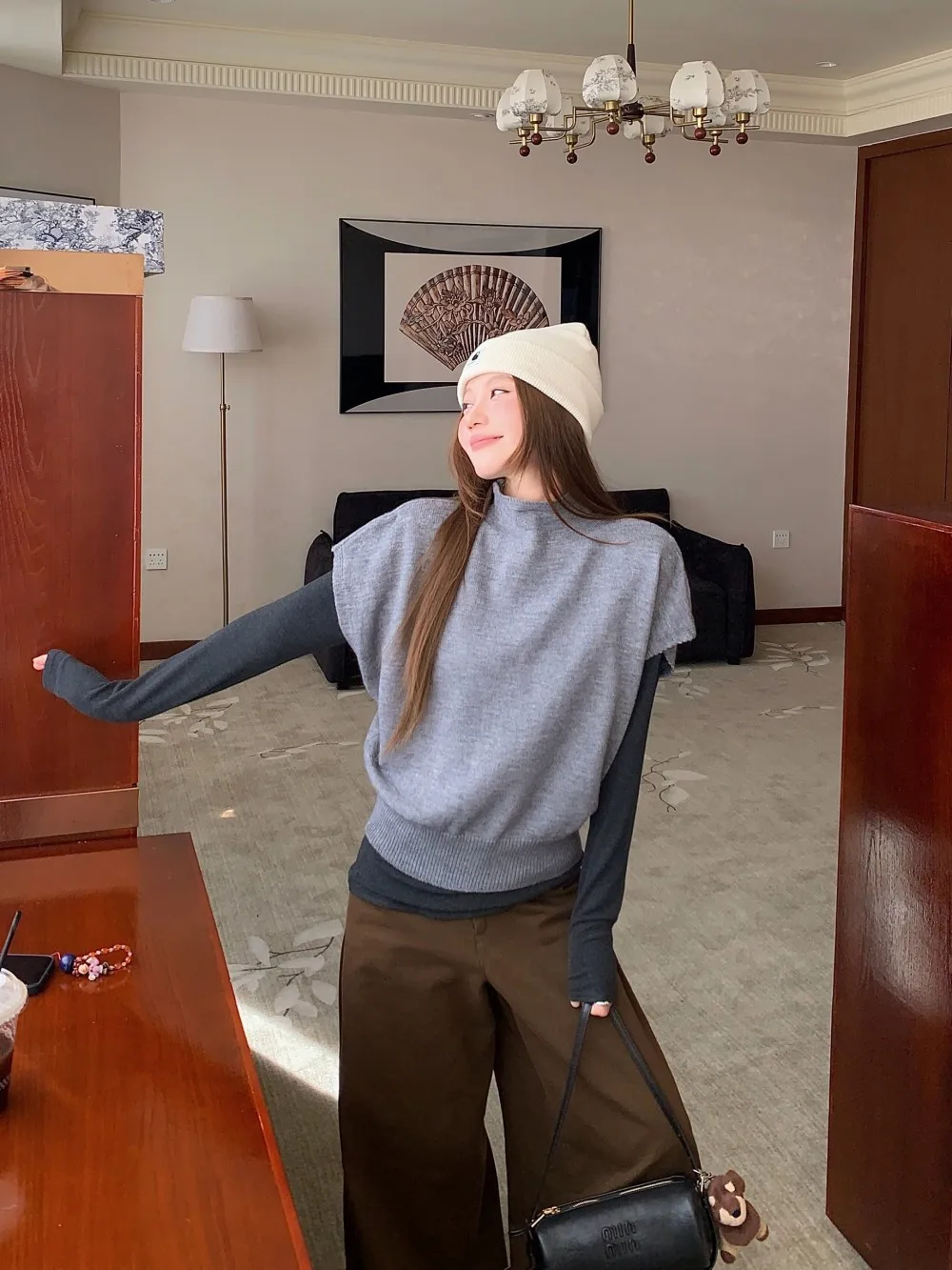 Ele conjunto de suéter e colete de malha solto ajuste longo sve ort sve outono inverno cor pura base irt feminino faion