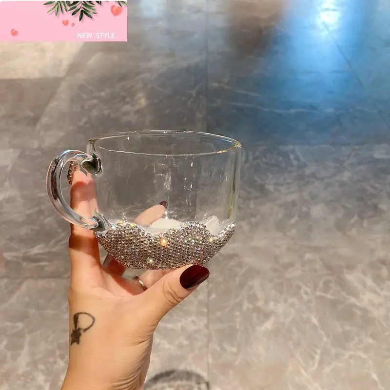 

Прозрачная двухслойная стеклянная чашка со сверкающими стразами, большая вместительная чаша для завтрака и овсяя, фруктовый салат, чашка с большим животом, офисная кружка
