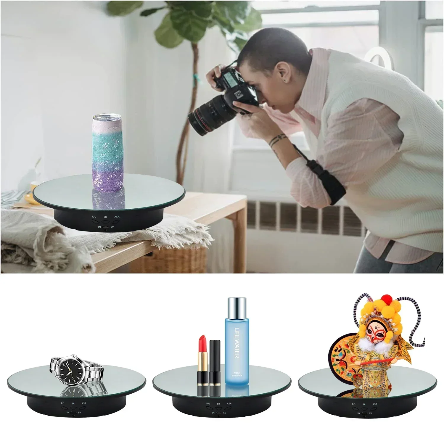 Motorised Rotating Carousel with Remote Control for Jewellery Display, Photography and Video, 360 Degrees, 3-position Adjustment