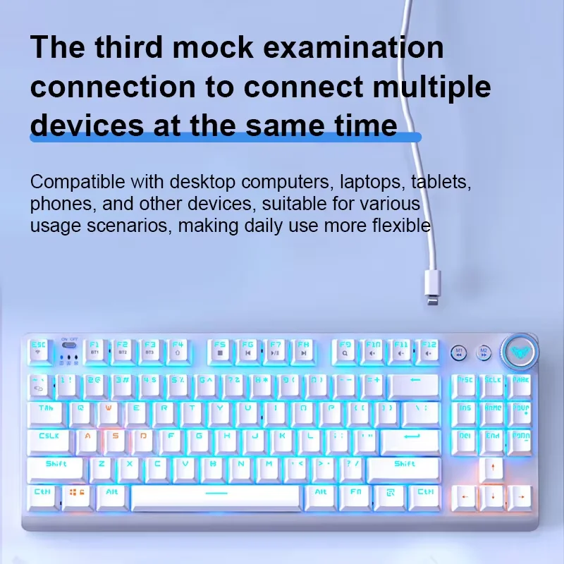 AULA F3001 Mechanical Keyboard Bluetooth Wireless Three Mode Metal Panel Two-color Injection Molding Cool Backlight Effect 87Key