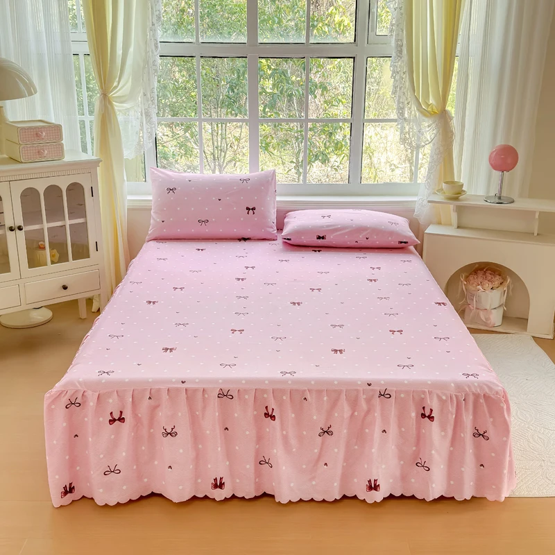 1PC Green Black Cat Print Ruffled Bed Skirt Soft Washable Dustproof Bed Valance Cute Cartoon Bedding for Twin Full Queen Bedroom