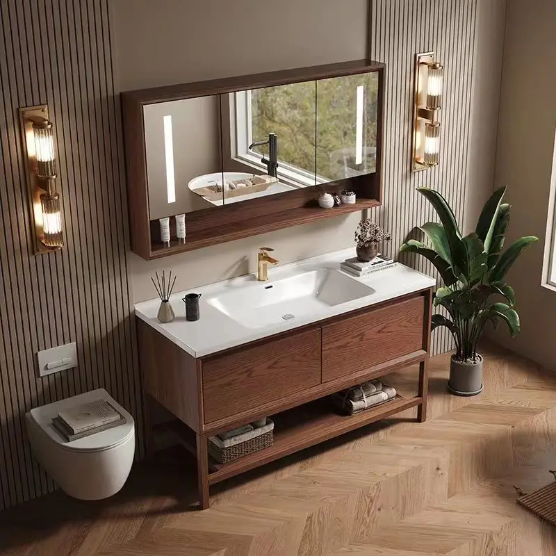 Factory Direct 2026 Chinese floor-to-ceiling red oak ceramic integrated wash basin bathroom cabinet combination bathroom washbas