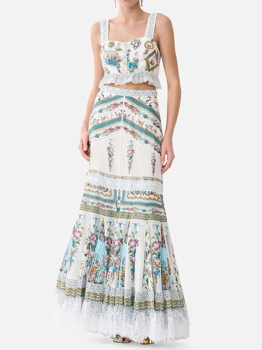 2026 Women Retro Print Set Back Bow Backless Square Collar Sleeveless Linen Vest + High Waist Cotton Long Skirt