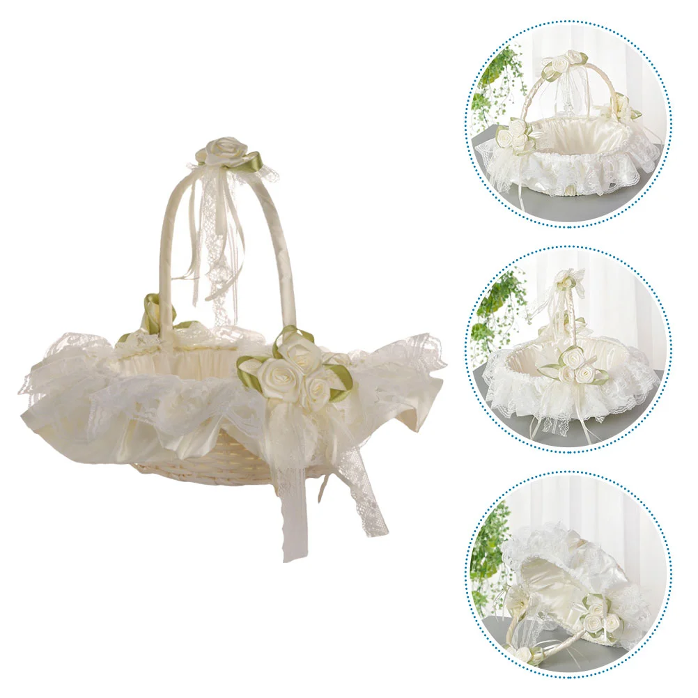 Flower Girl Hand Basket Bridesmaid Wedding Kid White Lace Decorated Mini Baskets Gathering Honor Gift