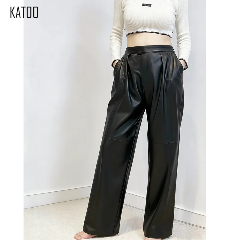 Women's High Waist Baggy Leather Trousers Spring Autumn Italian Sheepskin Genuine Leather Wide Leg Casual Floor Length Pants