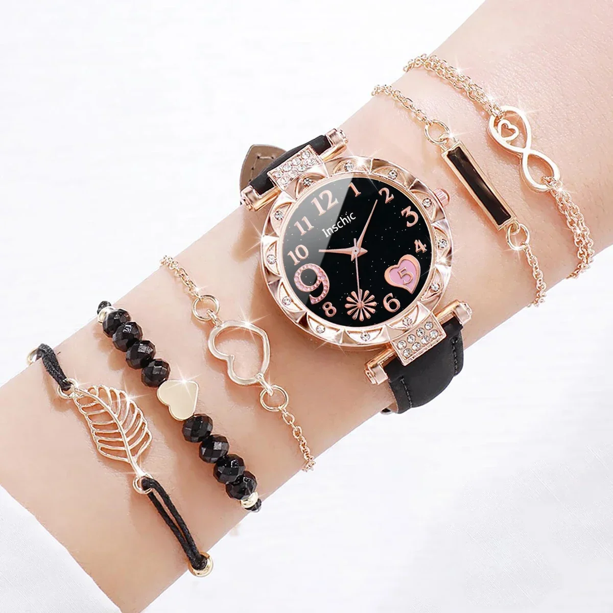 6 unids/set de relojes para mujer, conjunto de pulseras de hojas con esfera de corazón a la moda, banda de cuero, reloj de cuarzo (sin caja)