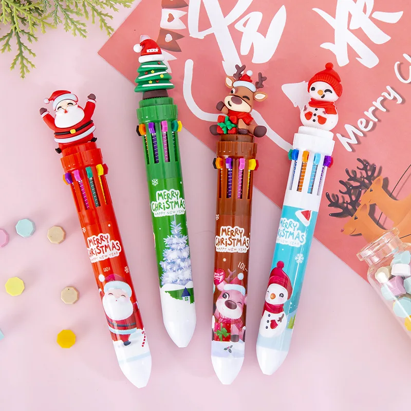 Merry Christmas Colorful Pens Cartoon Santa Claus Xmas Tree Ten Color Ballpoint Pen Writing Tool Office School Supply Souvenir