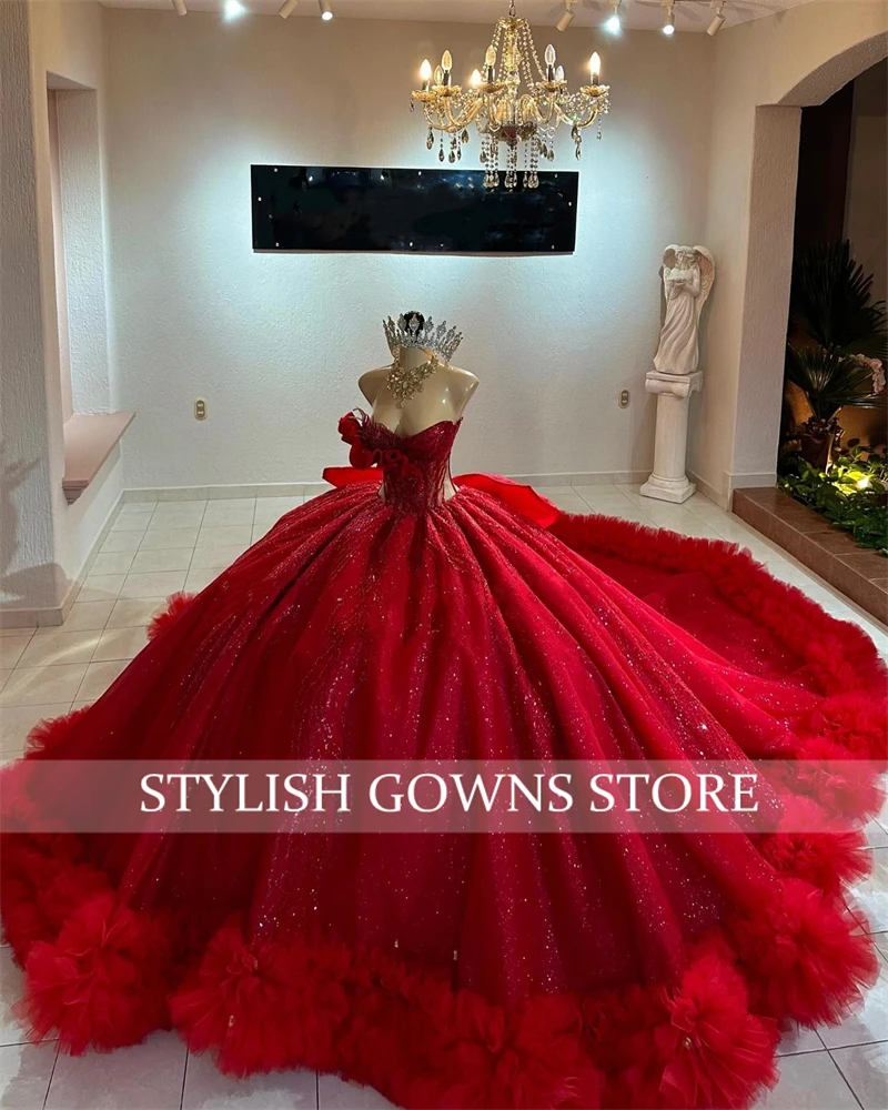 Red Sweetheart Bow Quinceanera Dresses For Black Girl Bead Appliques 2024 Birthday Luxury Dress Ruffles Sweet 16 Customized