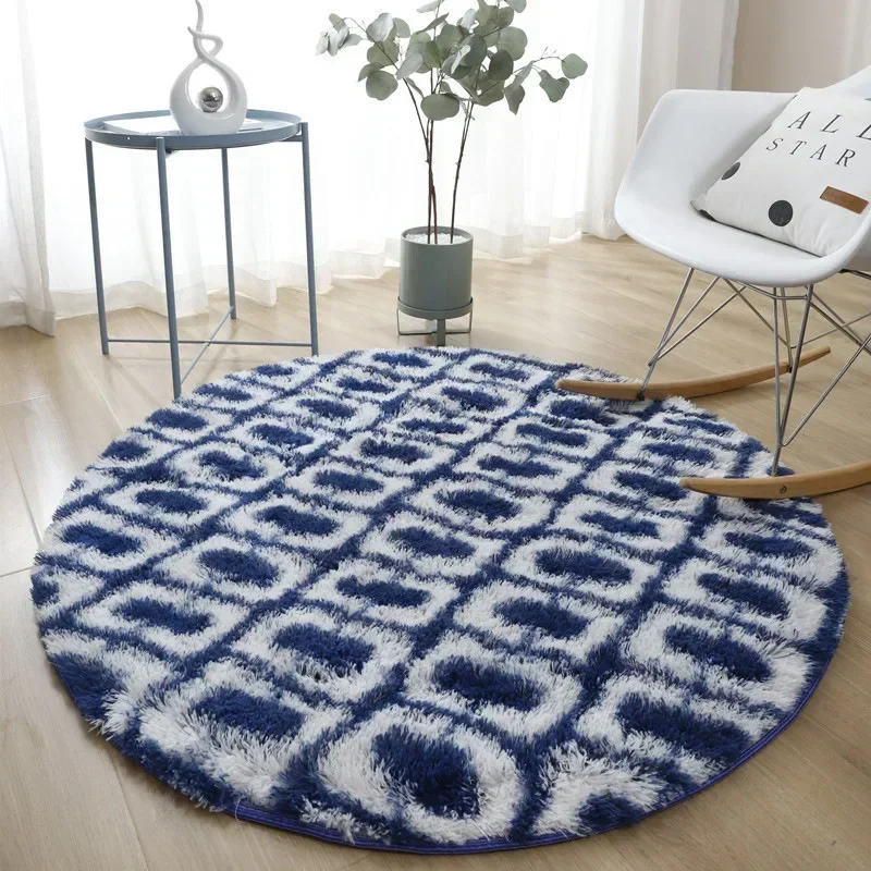 Bedroom Striped Round Silk Wool Carpet Nordic Living Room Sofa Plush Floor Mat Home Hanging Basket Long Hair Mat Play Mats