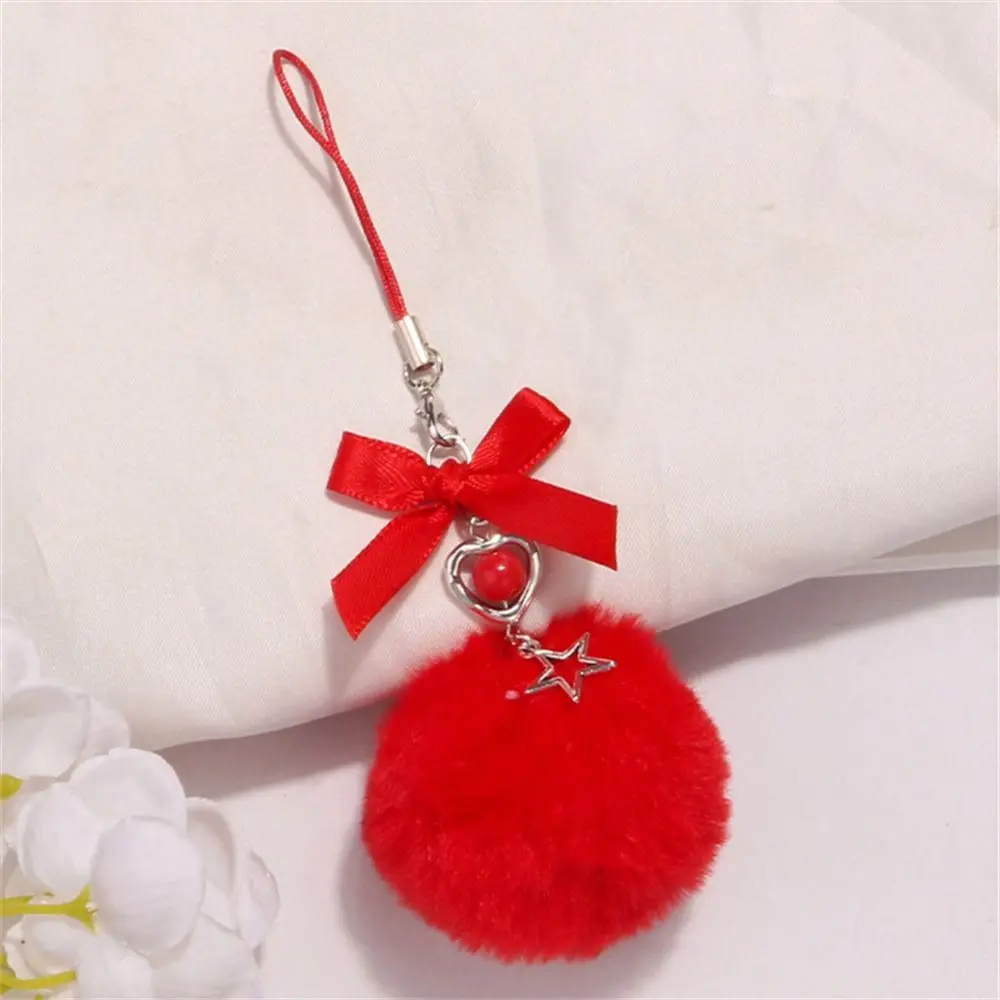 Ribbon Bow Mobile Phone Lanyard Hanging Cord Key Holder Hairball Pendant Bag Pendant Fluffy Pompom Keychains Bag Charm