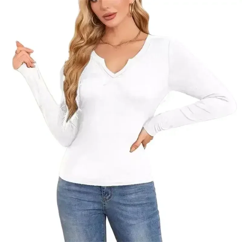 

Women Comfortable Pit-stripe Fabric T-Shirt Solid Color Slim Fit Long Sleeve Tops Autumn Winter Female Casual Commuter Tees 2024