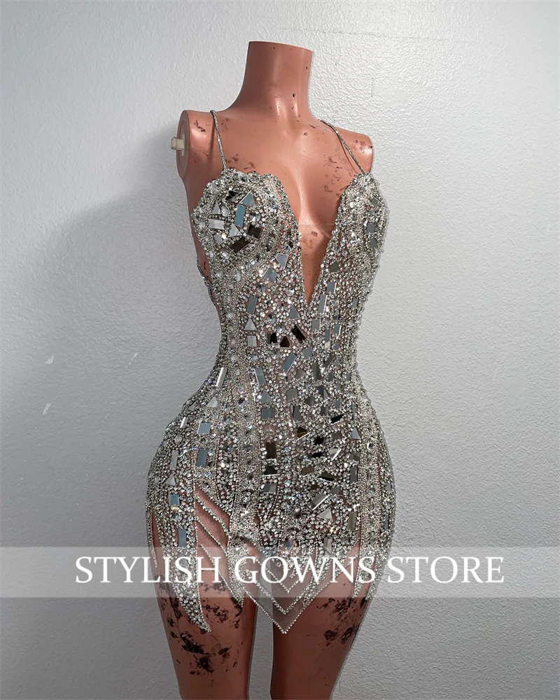 Silver Sweetheart Short Prom Dress For Black Girls 2024 Beaded Crystal Birthday Party Gowns Mini Cocktail Homecoming Customized