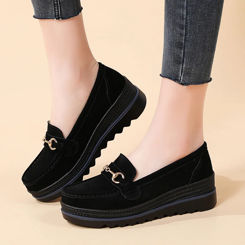 Spring Platform Women Shoes Autumn Flats Sneakers Suede Leather Casual Shoes Metal Buckle Decorate Comfort Slip on Women Loafers