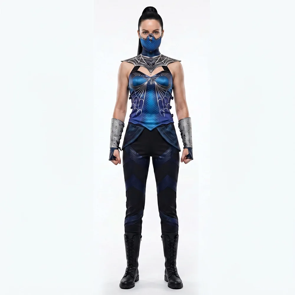 Kitana de Mortal Kombat ‌   Disfraz azul de personaje de videojuego para Halloween, ropa de actuación para adultos y mujeres