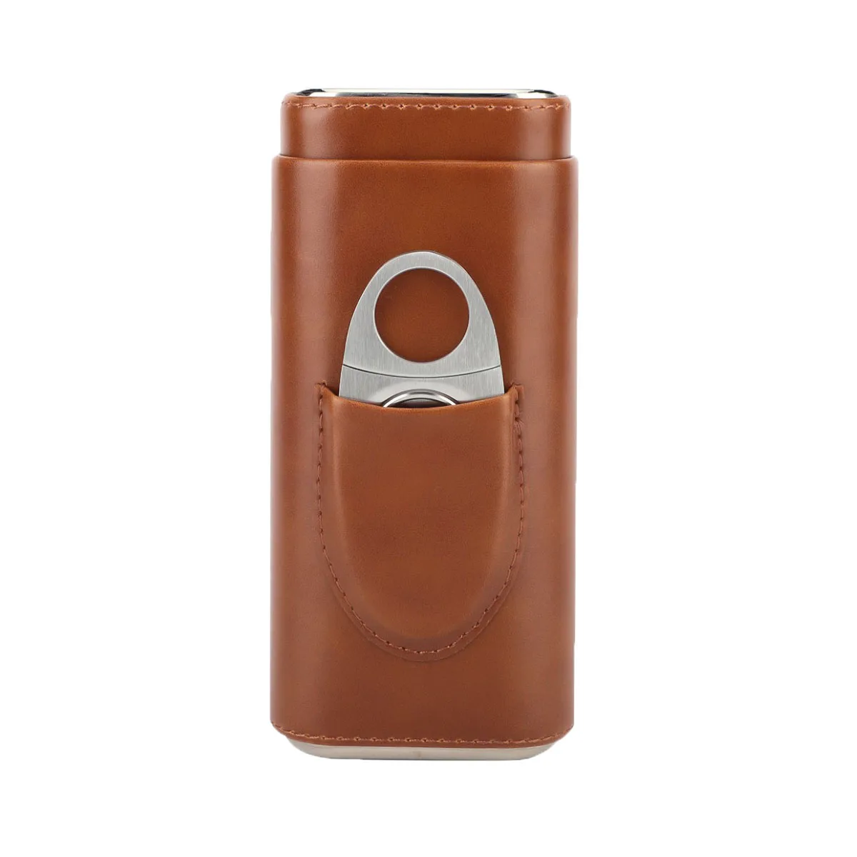 FOCUS-Three-Finger Portable Cigar Humidor, Leather Case with Silver Cigar Cutter, Brown and Black, Two Choices Cowhide Material