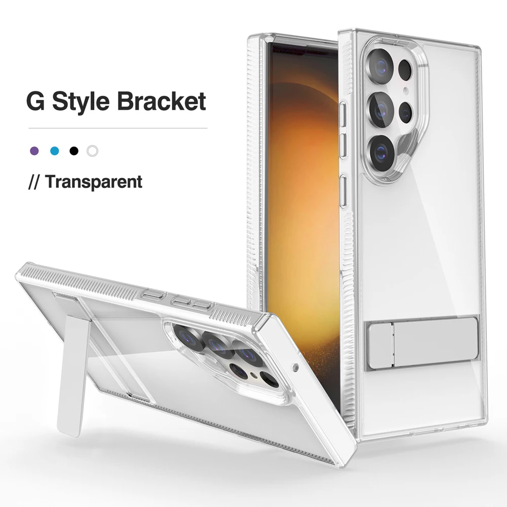 Fold Aluminum Alloy Metal Stand Holder Case For Samsung Galaxy S24 S23 S25 Ultra S23 Plus Clear PC + TPU Shockproof Cover