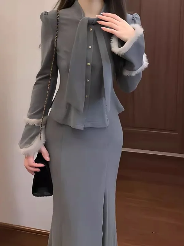 

Korean Style Knitted Top And Fish Tail Skirt Two Piece Set Fashionable Autumn Collection High Waist Long Sleeve round Neck